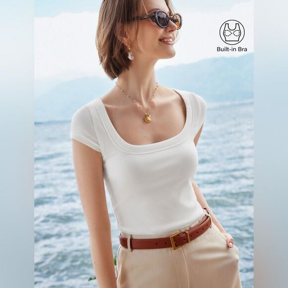 NWT OGL Plantive® Stretch Cotton Square Neck Cap Sleeve Brami - Navy Size L - Picture 10 of 12